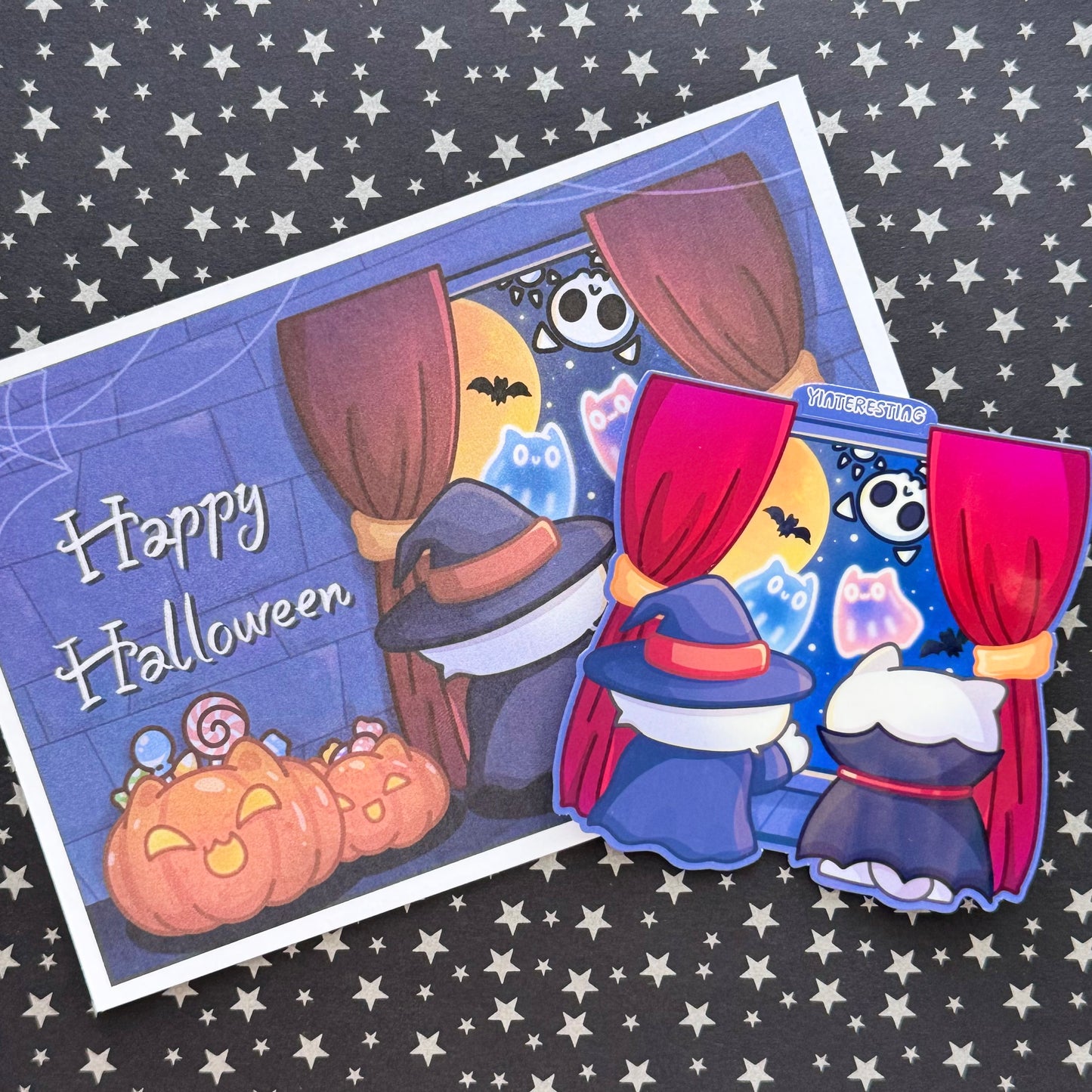 Halloween window Cat Stickers and postcard